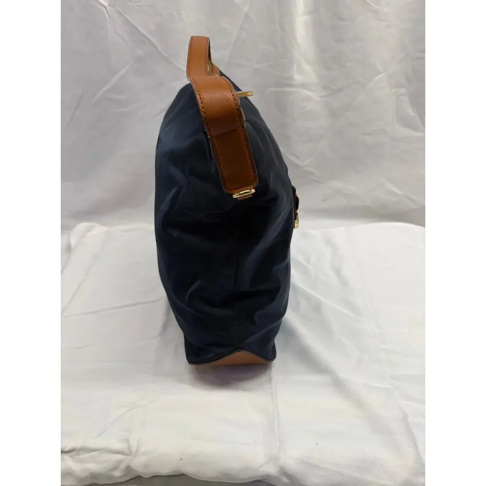 Michael Kors Navy Blue Nylon & Tan Leather Kelsey Shoulder Hobo Bag